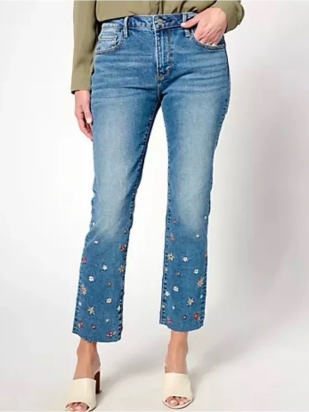 NWT DRIFTWOOD Colette embroidered straight cropped jeans in Praise size 14
